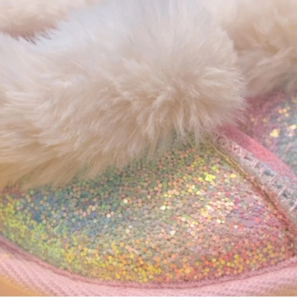 Girls Glitter Slippers Size 2 Pink Faux Fur Cozy Slip On Shoes